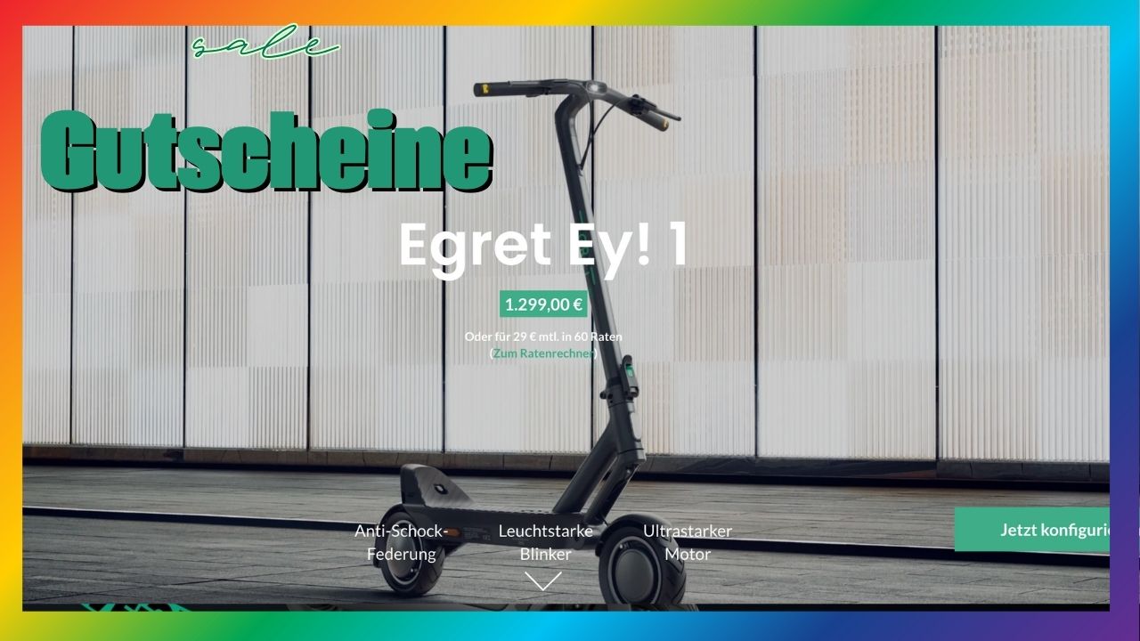 Sichere dir bis zu 100 € Rabatt auf die Egret Ey! E-Scooter-Serie. Exklusive Gutscheincodes für Ey! 1, Ey! 2, Ey! 3 und Ey! 6. Gültig bis 31.12.2024. Shop-Link: https://bit.ly/3V1BZvt