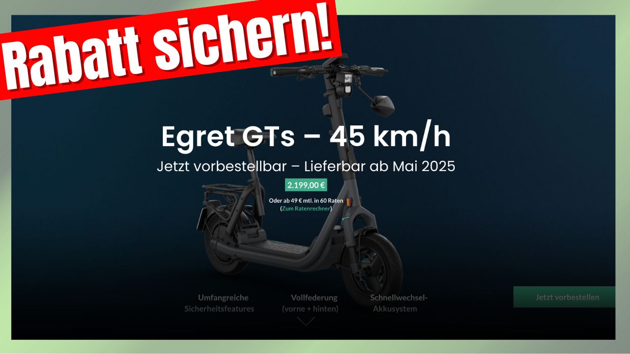 Der Egret GTs vereint Geschwindigkeit, Komfort und Sicherheit. Nutze den Dezember-Rabatt und starte sorgenfrei ins nächste Jahr der E-Mobilität.